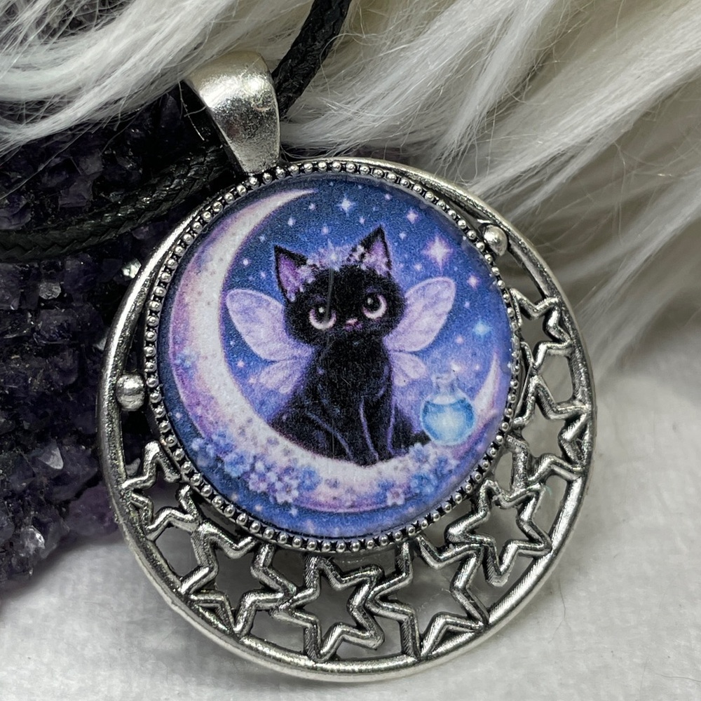 Black Fairy Cat Moon Pendant Necklace - Purple & Blue
